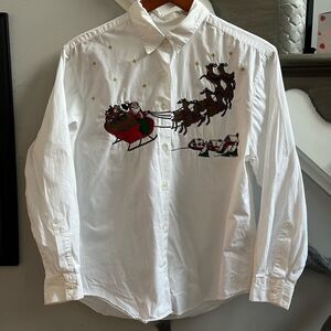 Vintage Talbots Santa Sleigh Embroidered Button Down Shirt sz M